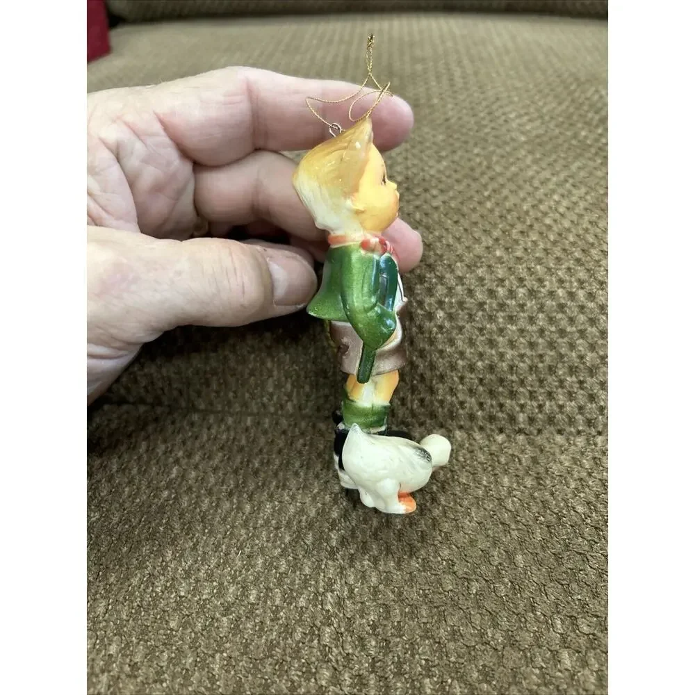 Vintage‎ Plastic Christmas Tree Ornament Singing Boy With Duck Carrying Basket